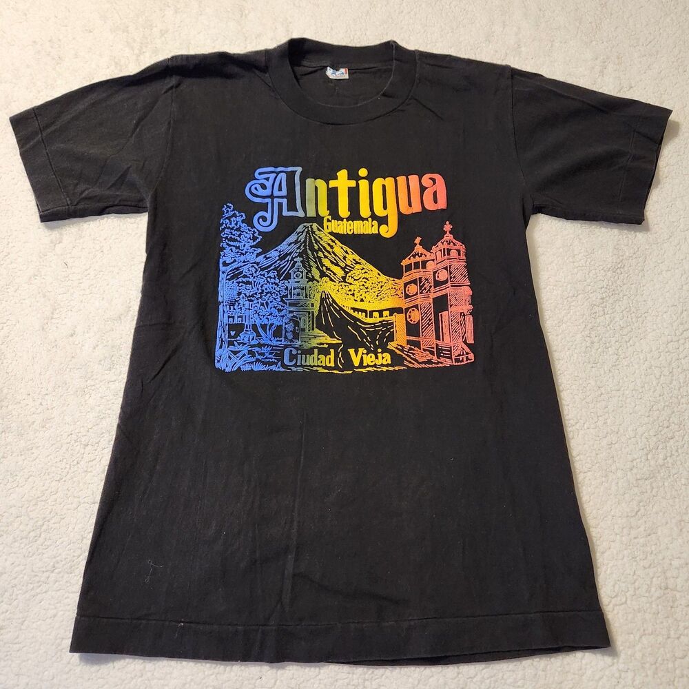 Vtg Single Stitch Antigua Guatemala Colorful Puff Print Graphic Black Tee Size L